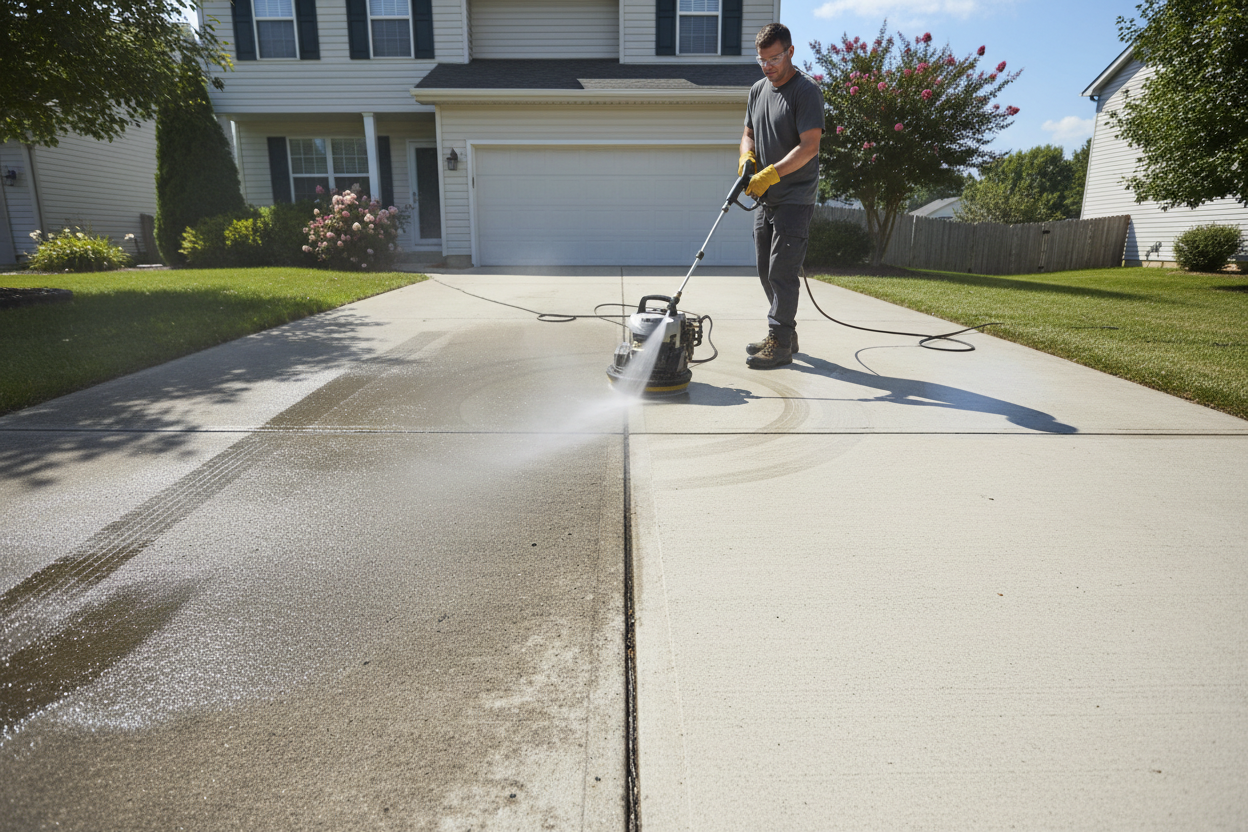 Residential driveway before and after professional power washing